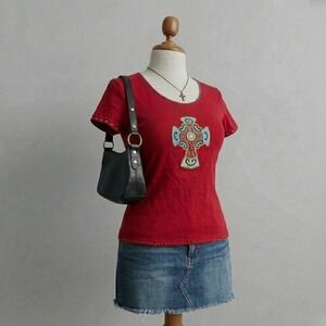Christian Catholic Jesus Short Sleeve Embroidered Cross Blouse XLarge